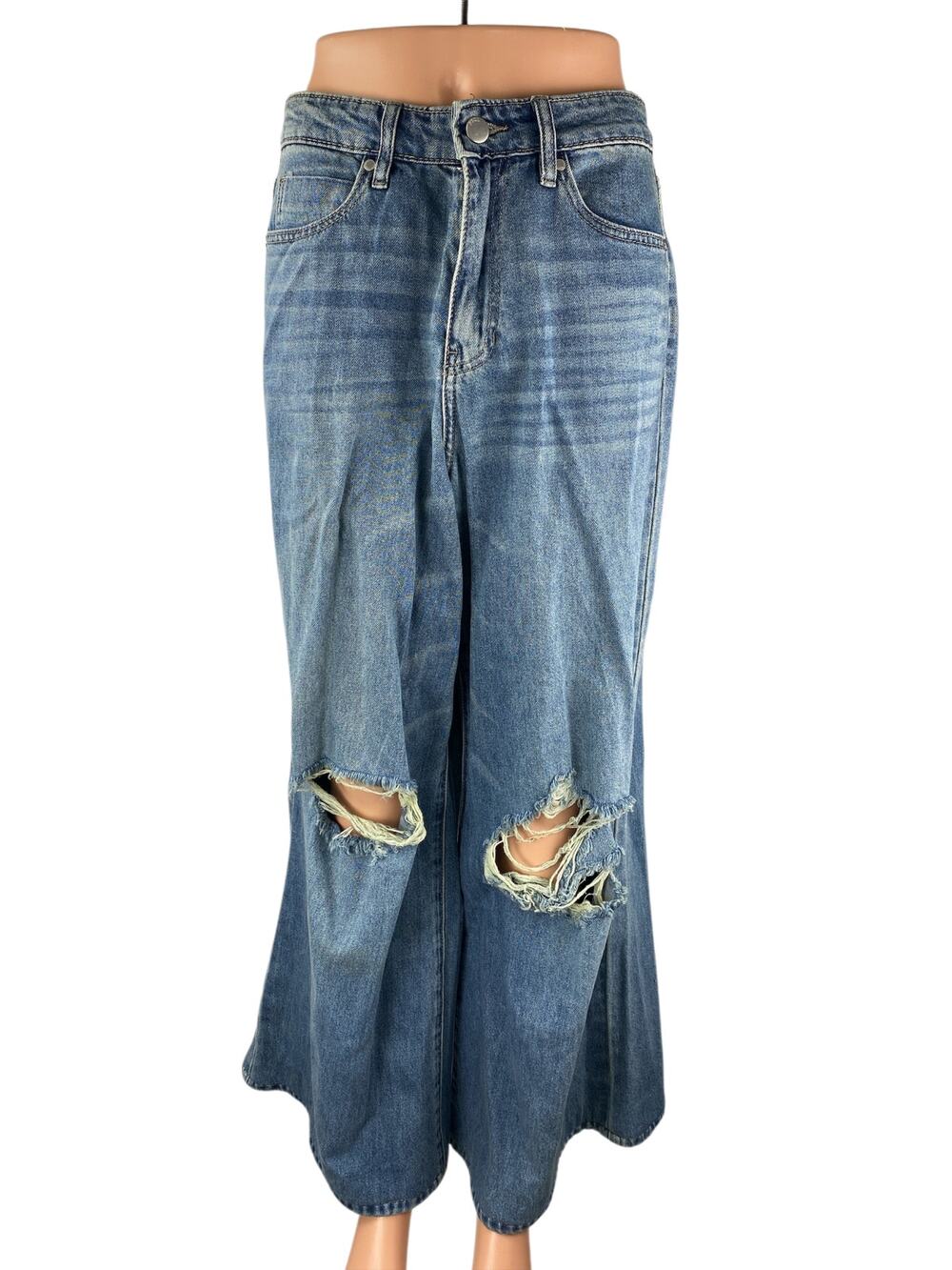 PTCL Ethikal Brand Women's Blue Distressed Wide Leg Flare Denim Jeans Size M